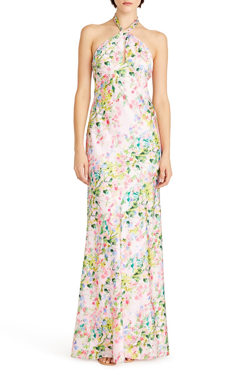 ML Monique Lhuillier Rose Halter Satin Gown, Main, color, 
