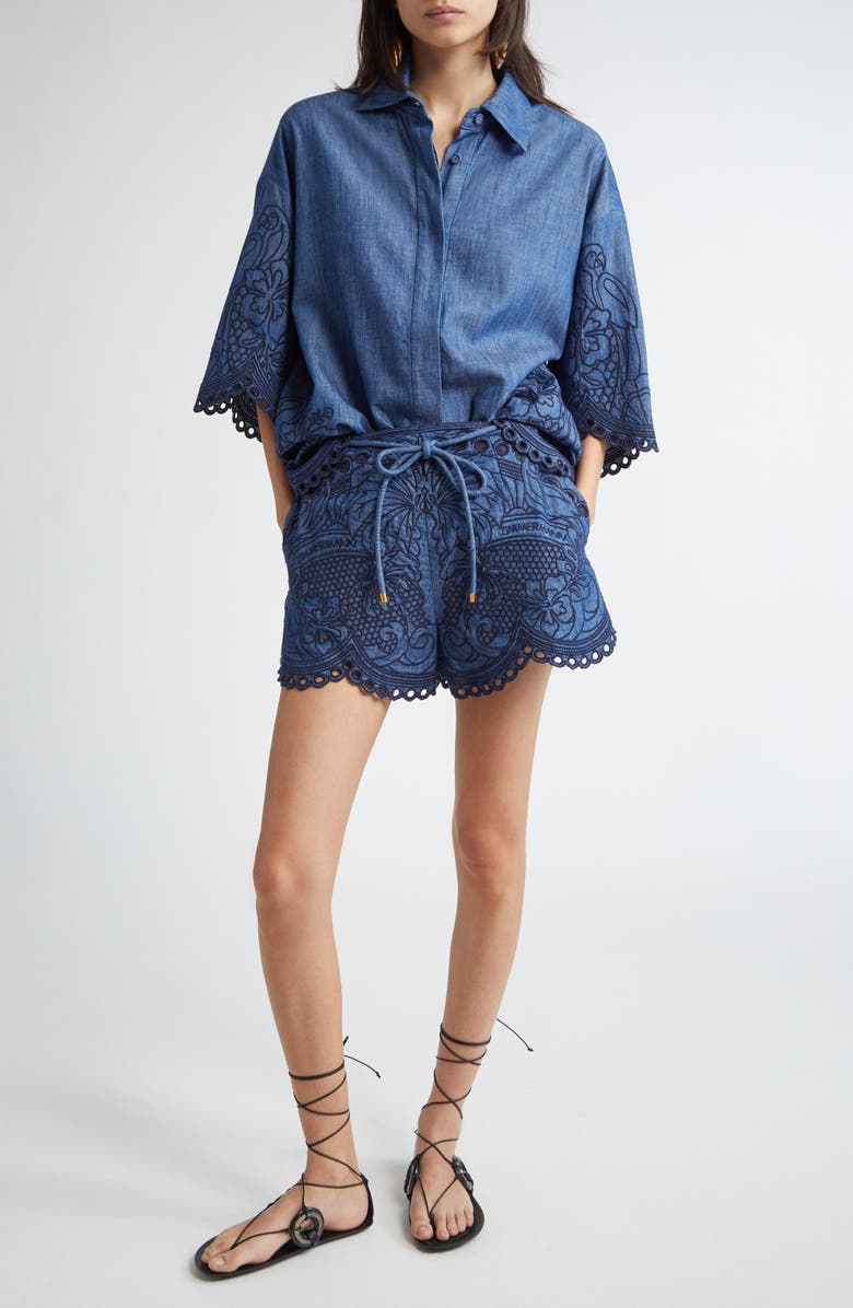 Zimmermann Coco Embroidered Denim Shorts, Alternate, color, Railway Blue