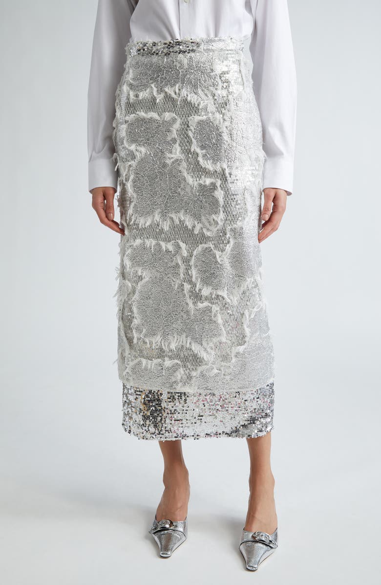 Erdem Sequin Embroidered Pencil Skirt, Main, color, Silver