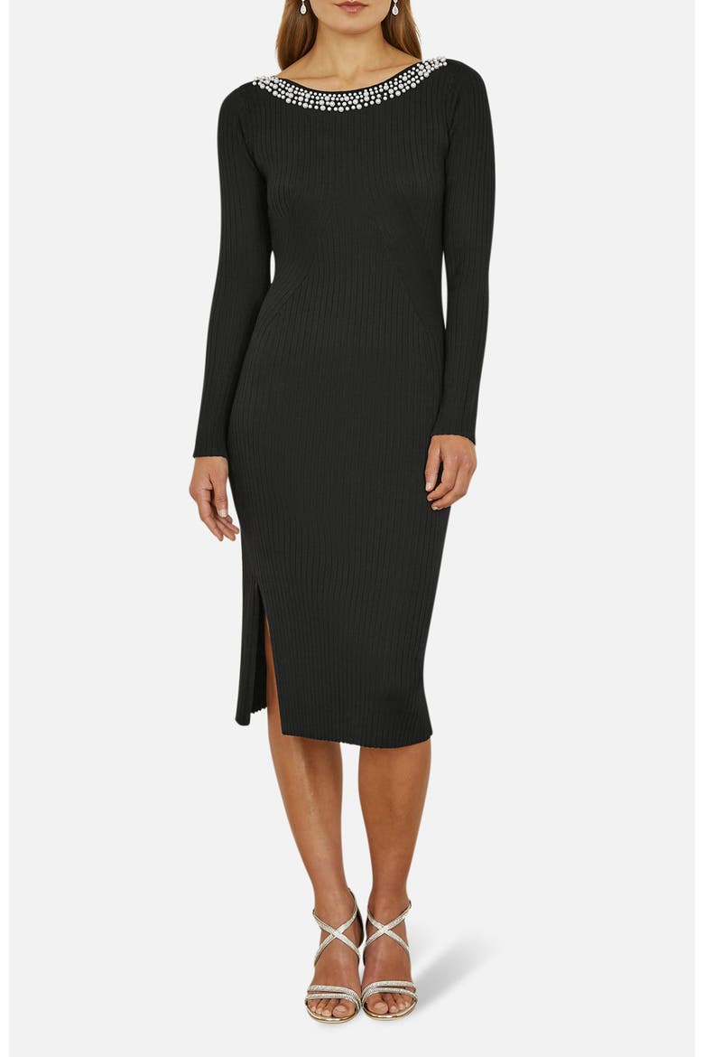 Bedazzled Neck Fitted Midi Knitted Dress, Alternate, color, Black