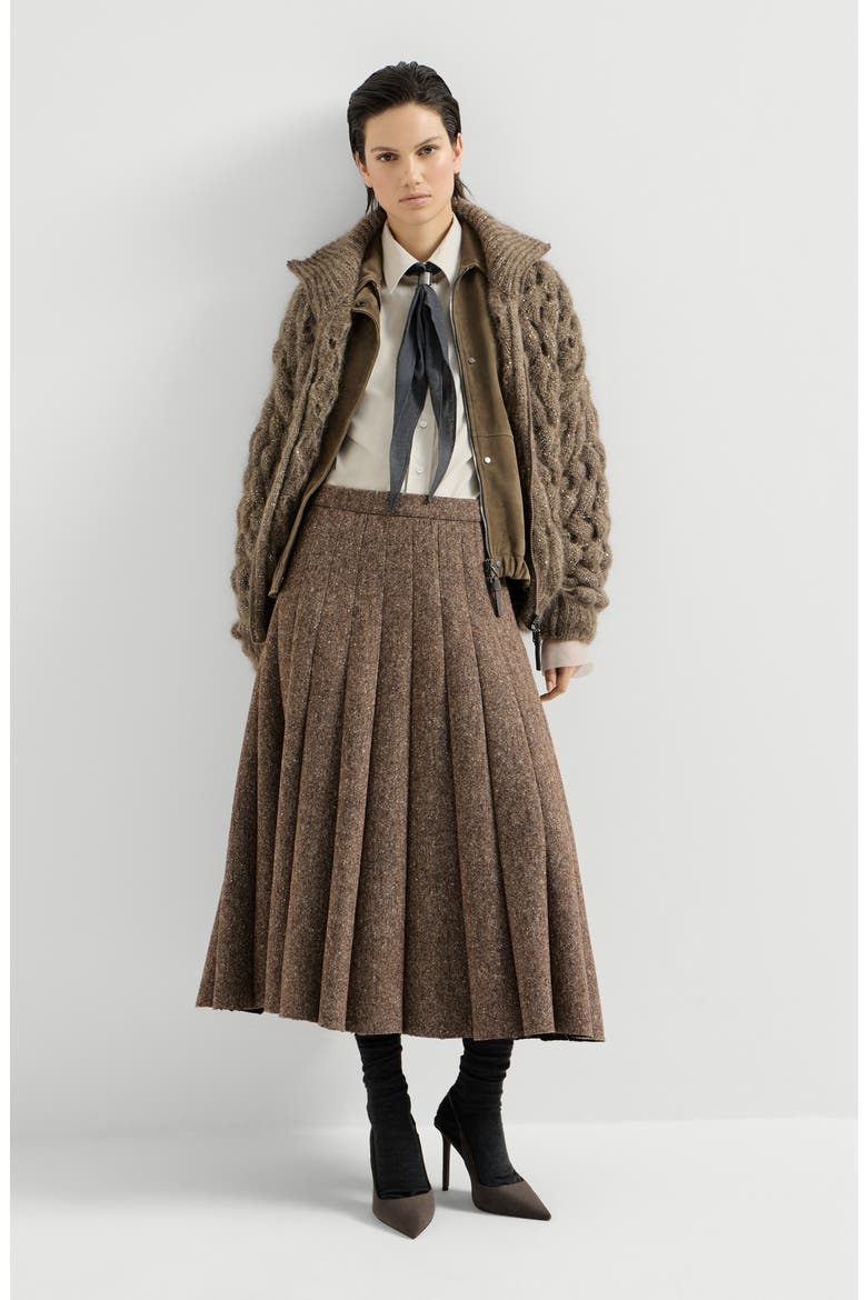 Virgin wool donegal pleated skirt, Alternate, color, Light Brown