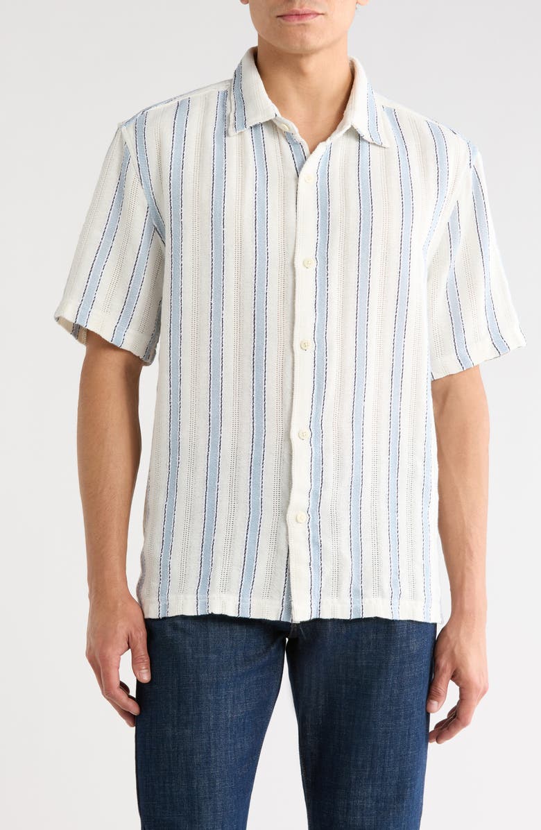 DENIM AND FLOWER Relaxed Fit Stripe Short Sleeve Button-Up Shirt, Main, color, Off White
