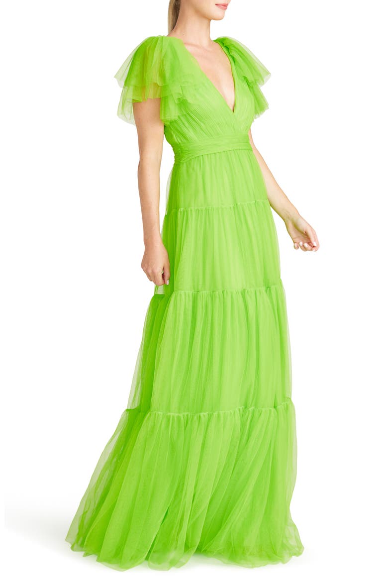 Flutter Sleeve Tiered Tulle Gown, Alternate, color, HALCYON GREEN