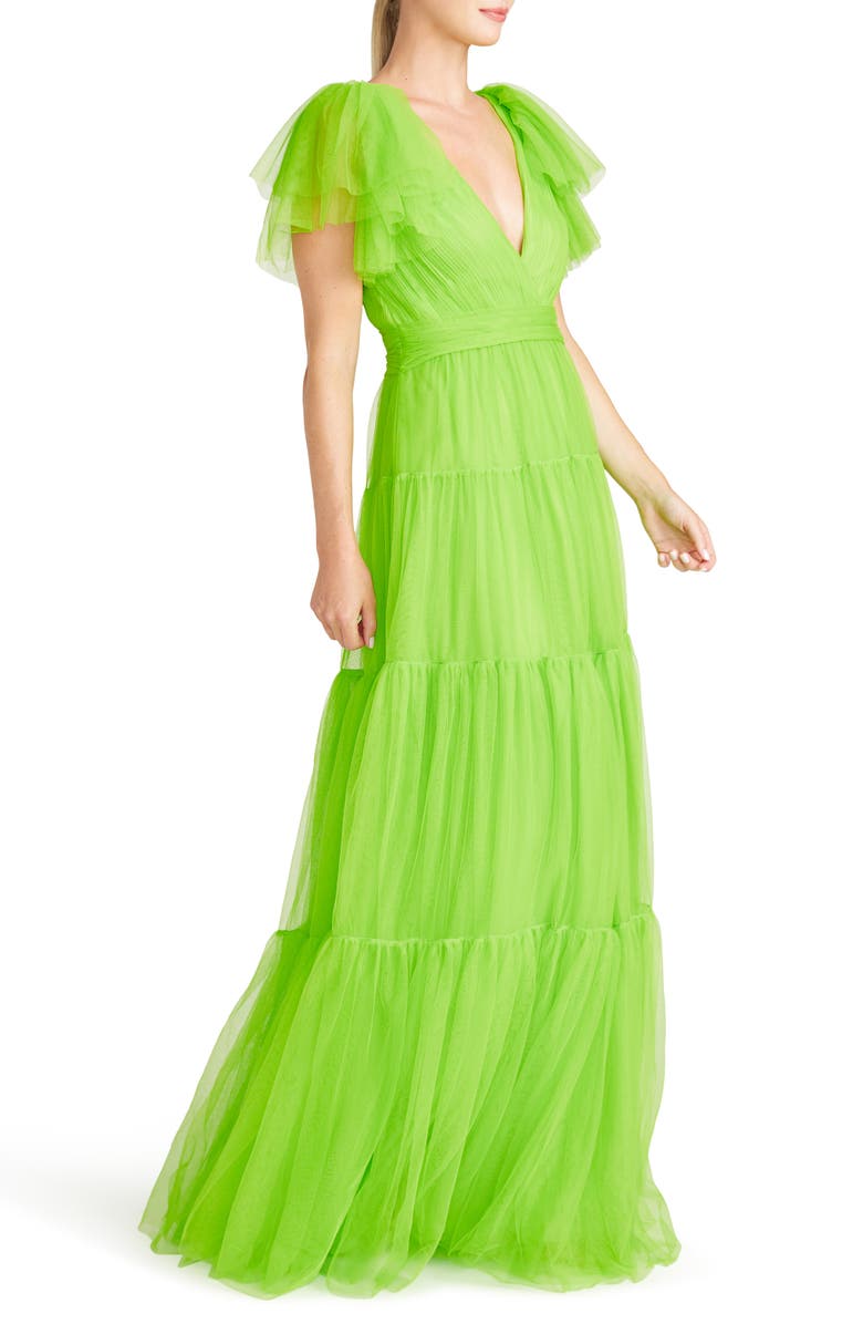 ML Monique Lhuillier Flutter Sleeve Tiered Tulle Gown, Alternate, color, Halcyon Green