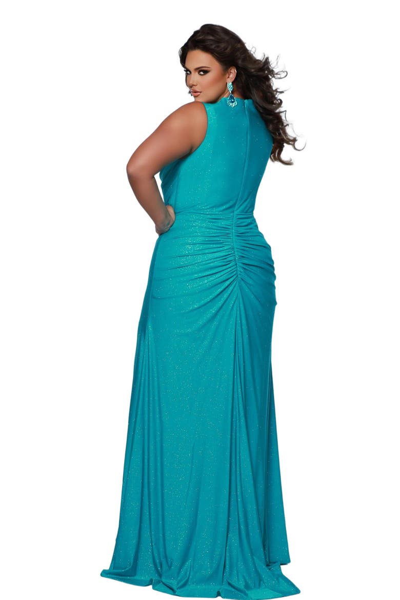 Fitted Empire Waist V-Neck Plus Size Gown, Alternate, color, Aqua