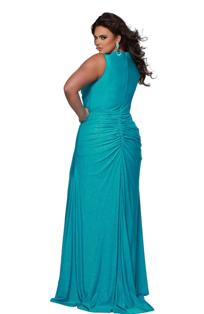 Sydney's Closet Fitted Empire Waist V-Neck Plus Size Gown, Alternate, color, Aqua