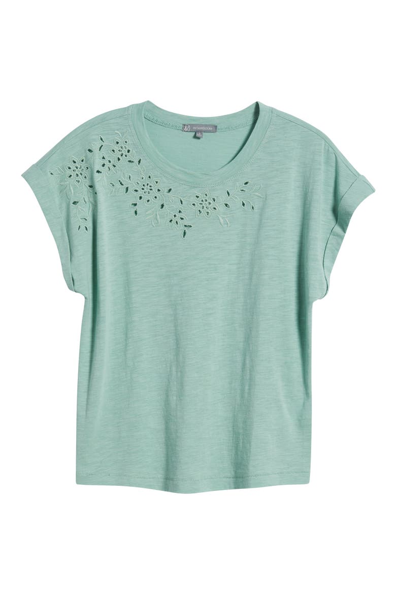 Embroidered Eyelet Cap Sleeve T-Shirt, Alternate, color, VINTAGE JADE