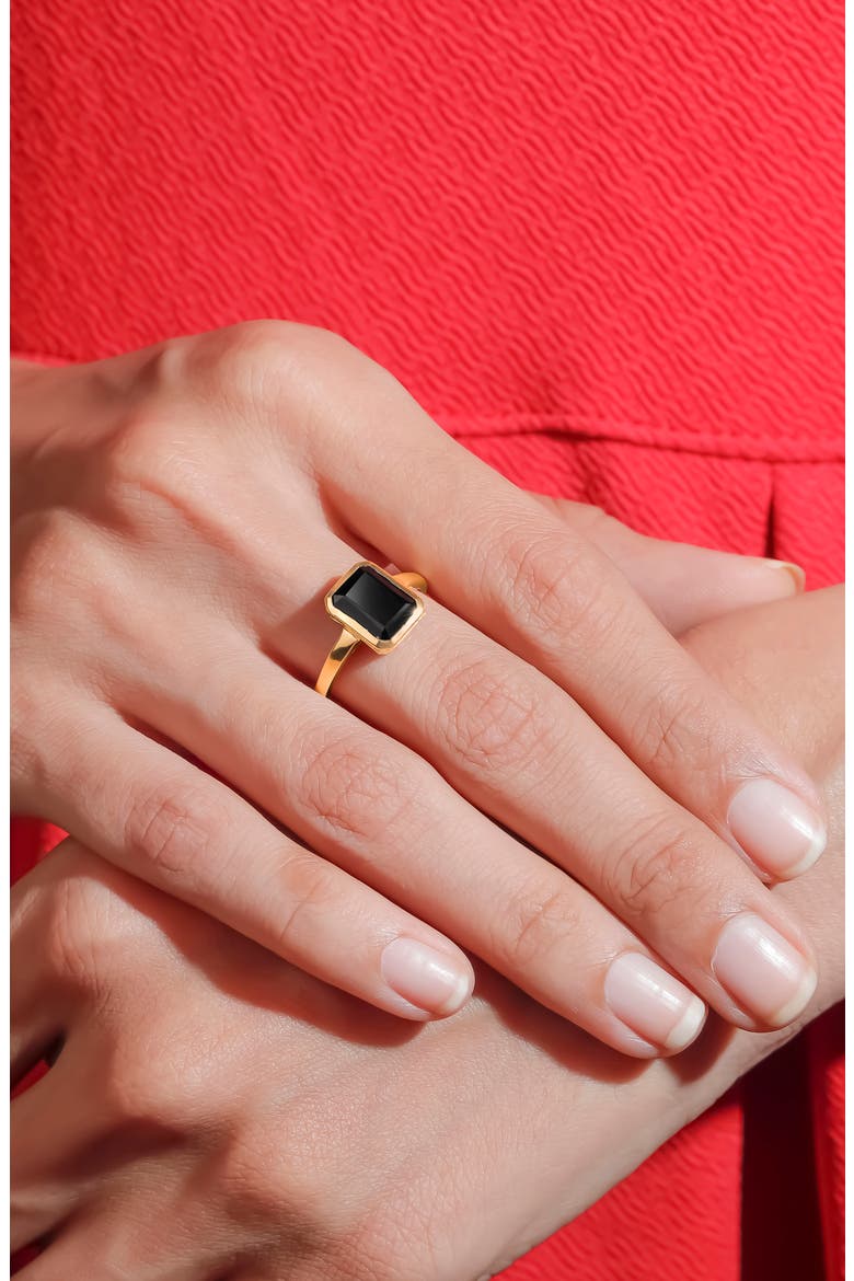 Gold Plated Emerald Cut Black Onyx Ring, Alternate, color, BLACK