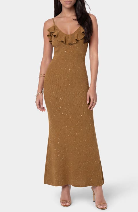 Sequin Knit Ruffle Trim Maxi Dress
