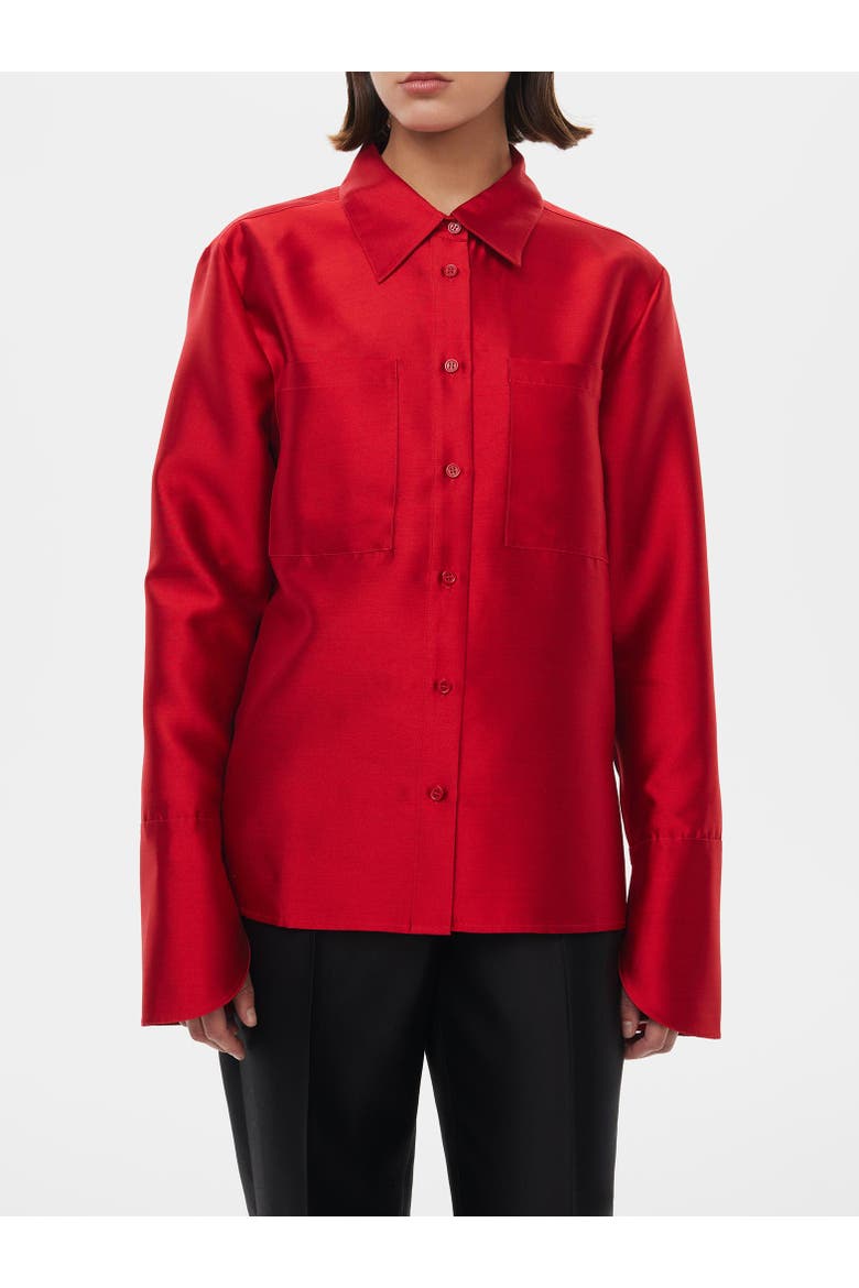 Silk-Wool Blend Fitted Shirt, Alternate, color, Peonie Red