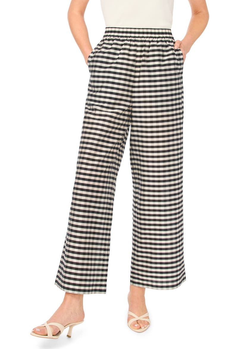 Delia Check Print Wide Leg Pants, Main, color, RICH BLACK