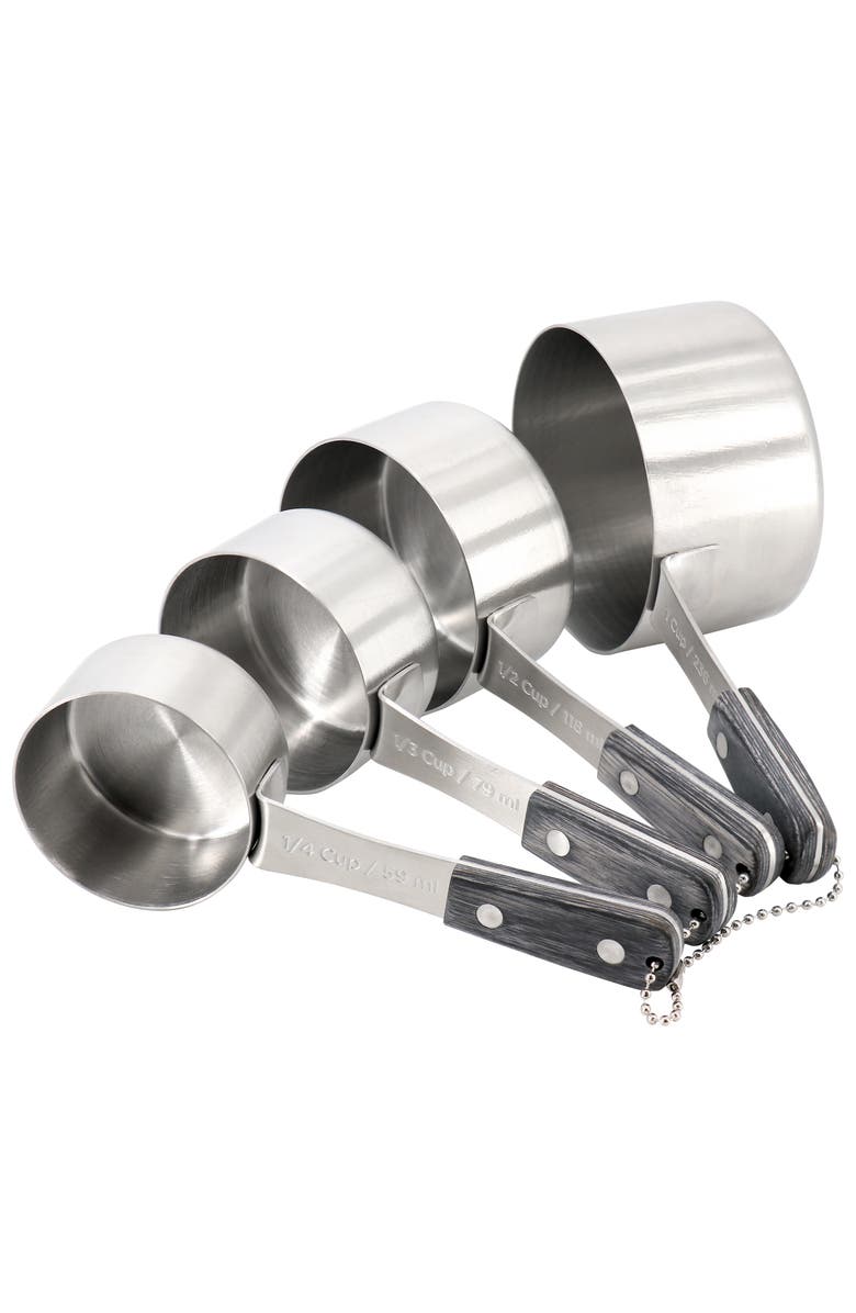 OSTER Blakeley 4 Piece Stainless Steel Measuring Cup Set Gray with Wood Handles, Main, color, Dark Gray