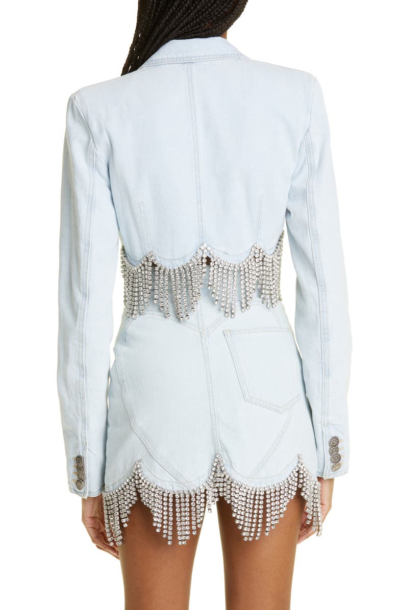 Area Crystal Embellished Crop Scallop Hem Denim Blazer, Alternate, color, 