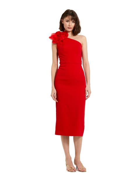 関税送料込【MAC DUGGAL】ロング ワンピース マーメイド レッド Red Organza One Shoulder Pleated Gown - Mac Duggal