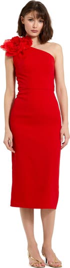 【Mac Duggal】Crepe One Shoulder Midi Dress With Flower Mac Duggal Women's Crepe One Shoulder Flower Detail Midi