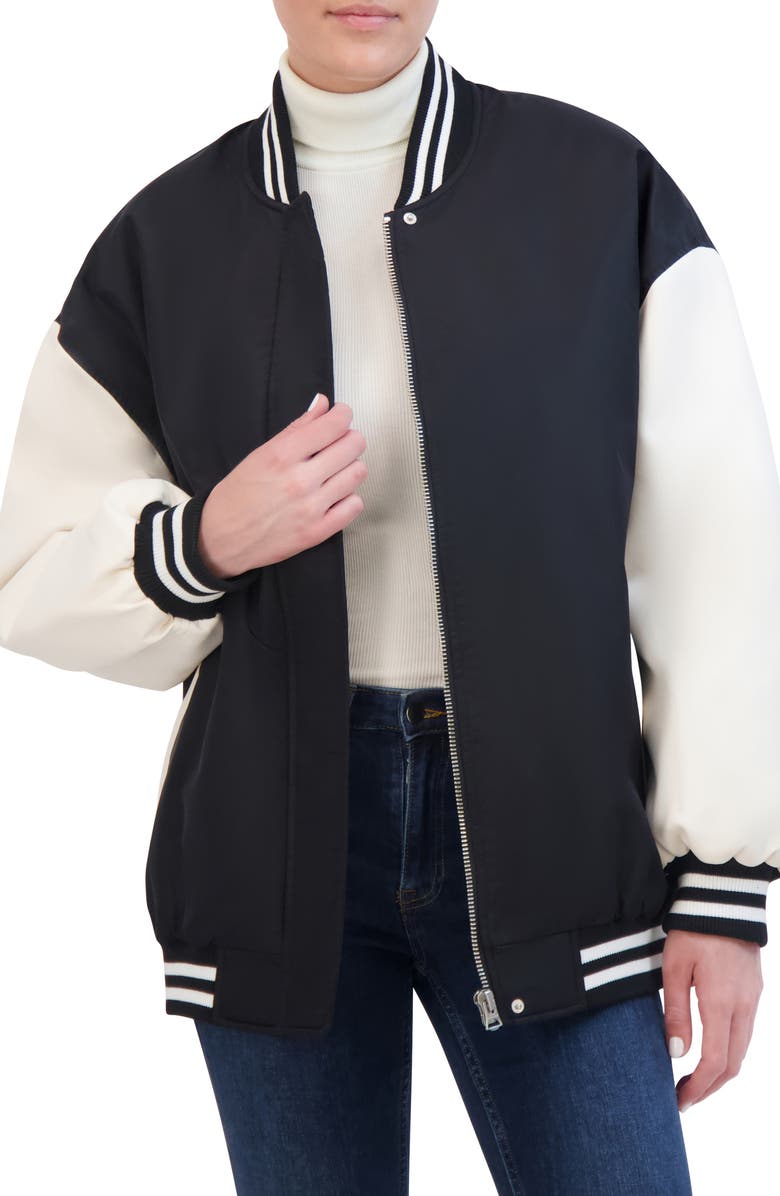 Hudson Jeans Oversize Faux Leather Sleeve Varsity Jacket, Main, color, Black