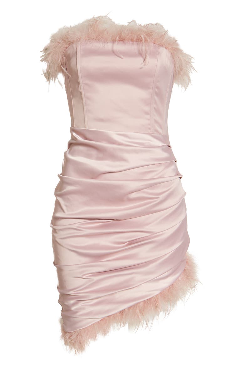 Feather Detail Strapless Satin Dress, Alternate, color, ROSE