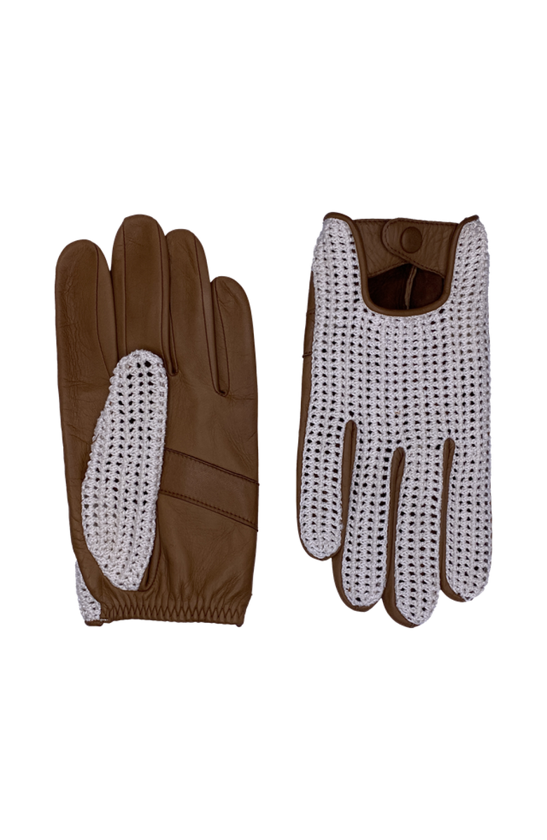 Agnelle Steve Lambskin and Ecru Cotton Crochet Driving Glove, Alternate, color, Toscana