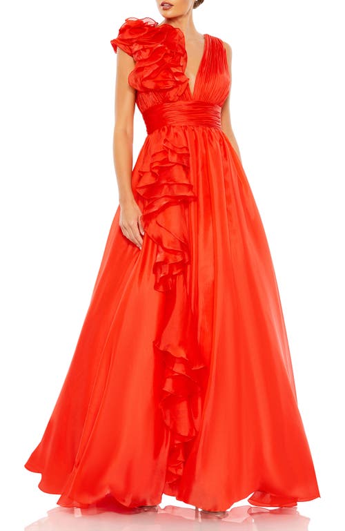 Mac Duggal Ruffle Shoulder V-neck Chiffon Gown In Cherry