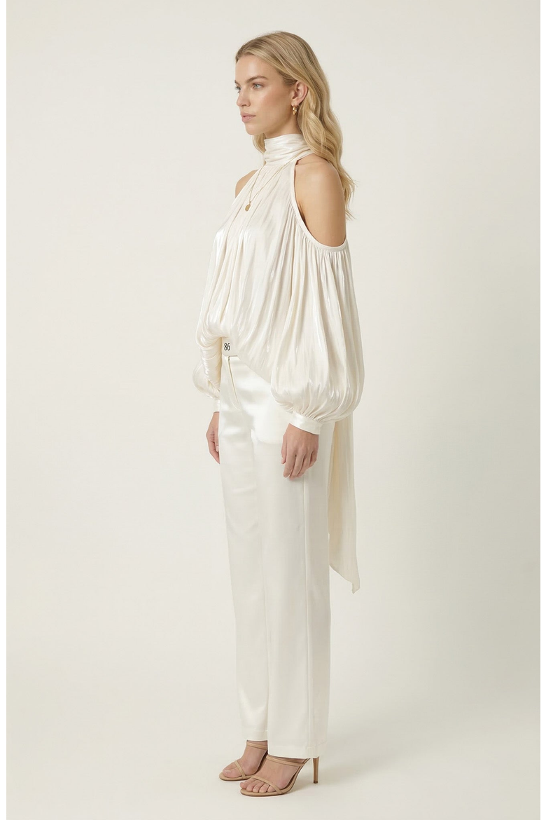 High Neck Cold Shoulder Satin Blouse, Alternate, color, Ivory