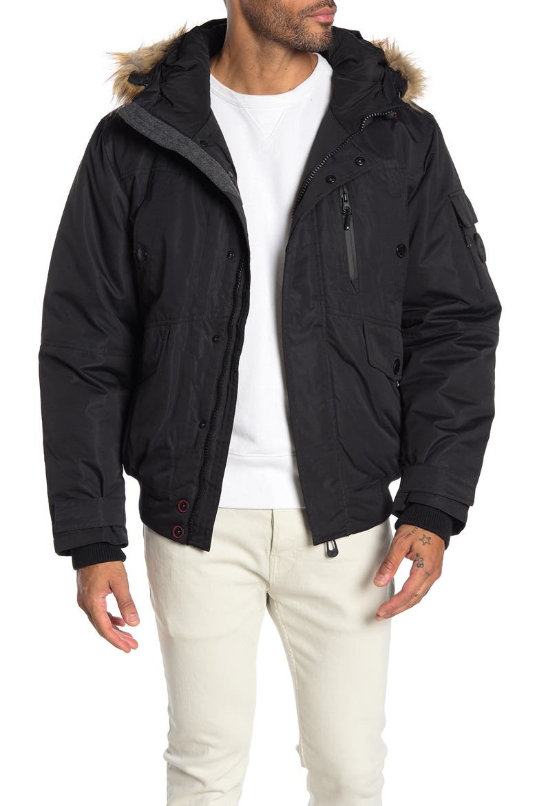 Faux Fur Hooded Bomber Jacket, Main, color, BLACK