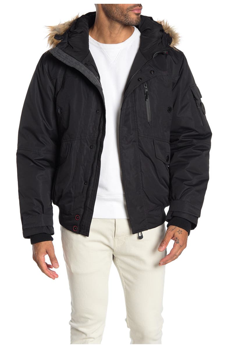 Noize Faux Fur Hooded Bomber Jacket, Main, color, Black