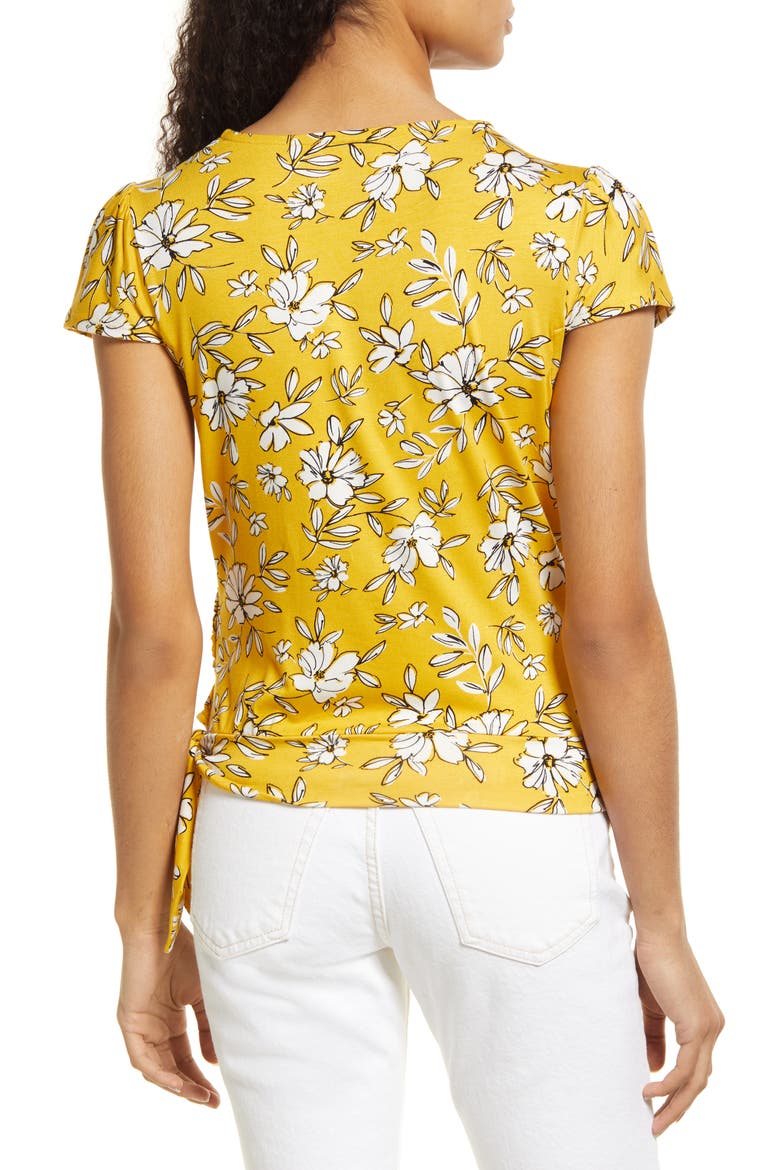 Floral Print Faux Wrap Top, Alternate, color, SUNFLOWER
