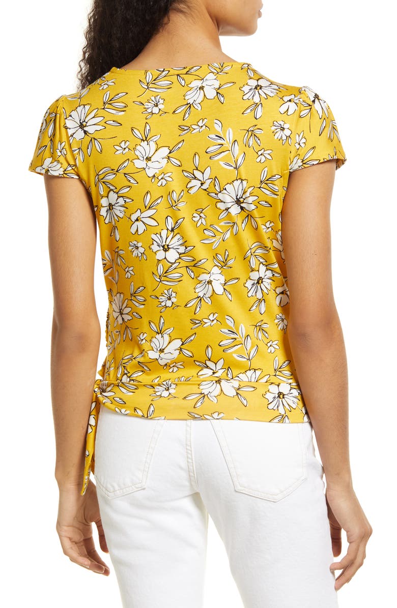 Loveappella Floral Print Faux Wrap Top, Alternate, color, Sunflower