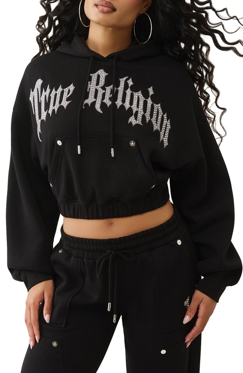 True Religion Embellished Logo Crop Hoodie, Main, color, Jet Black