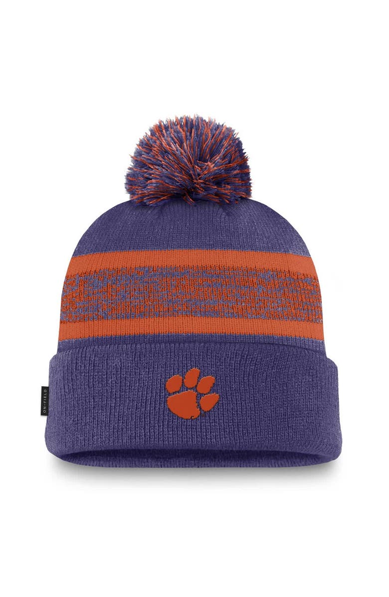 Nike Men's Nike  Purple Clemson Tigers On-Field Peak Cuffed Knit Hat with Pom, Main, color, 
