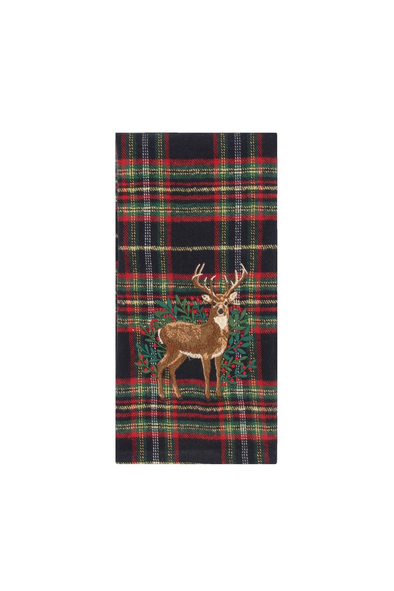 Deer Botanical Embroidery on Plaid Christmas Towel, Alternate, color, Brown