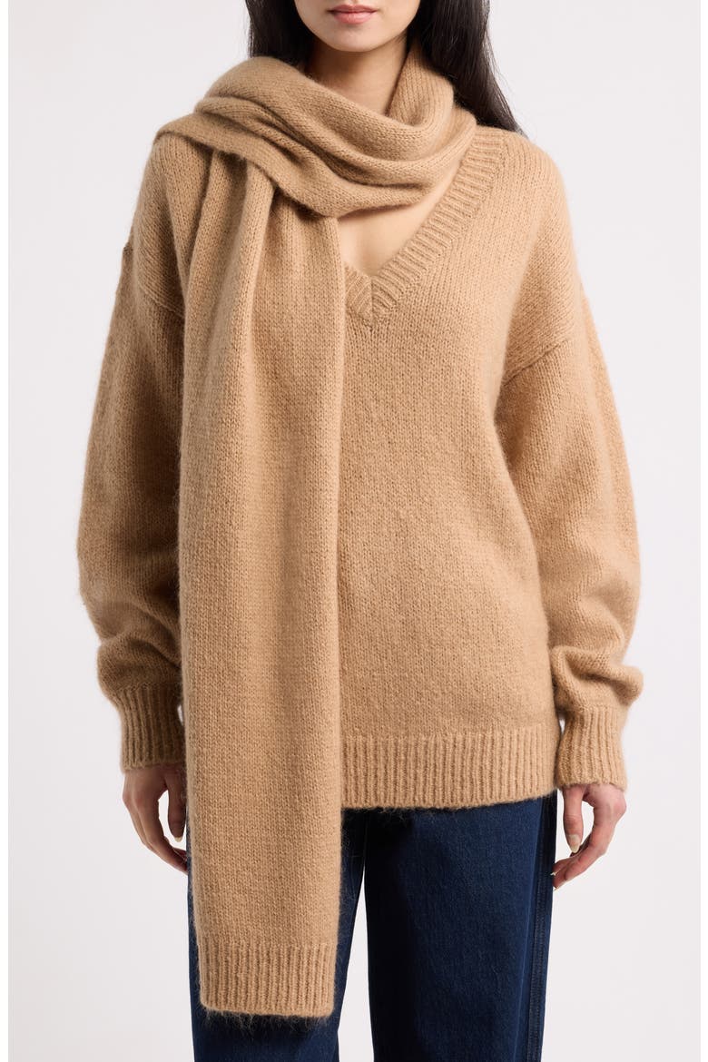 V-Neck Sweater & Scarf Set, Main, color, CAMEL BEIGE