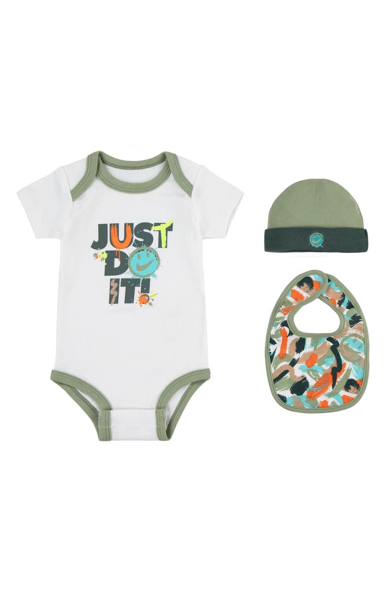 Nike Just Do It Bodysuit, Bib & Beanie Set, Main, color, Sail