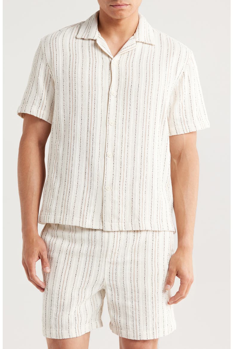 Relaxed Fit Stripe Textured Camp Shirt, Main, color, SAND