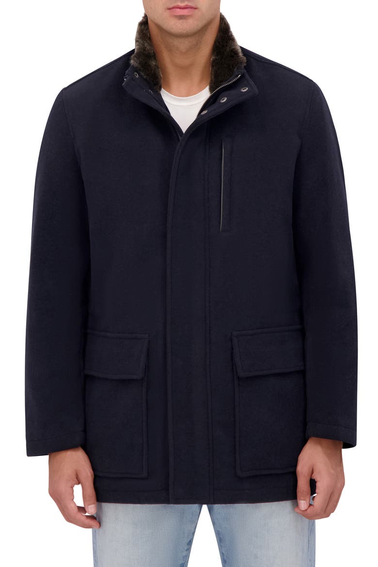 Wool Blend Faux Fur Lined Stand Collar Jacket, Main, color, NAVY