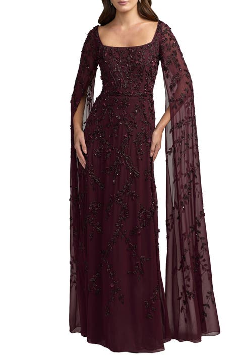 Women's Embellished Cape Sleeve A-Line Mesh Maxi Gown