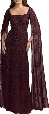 Mac Duggal Petite Embellished Cape Sleeve A-Line Mesh Maxi Gown