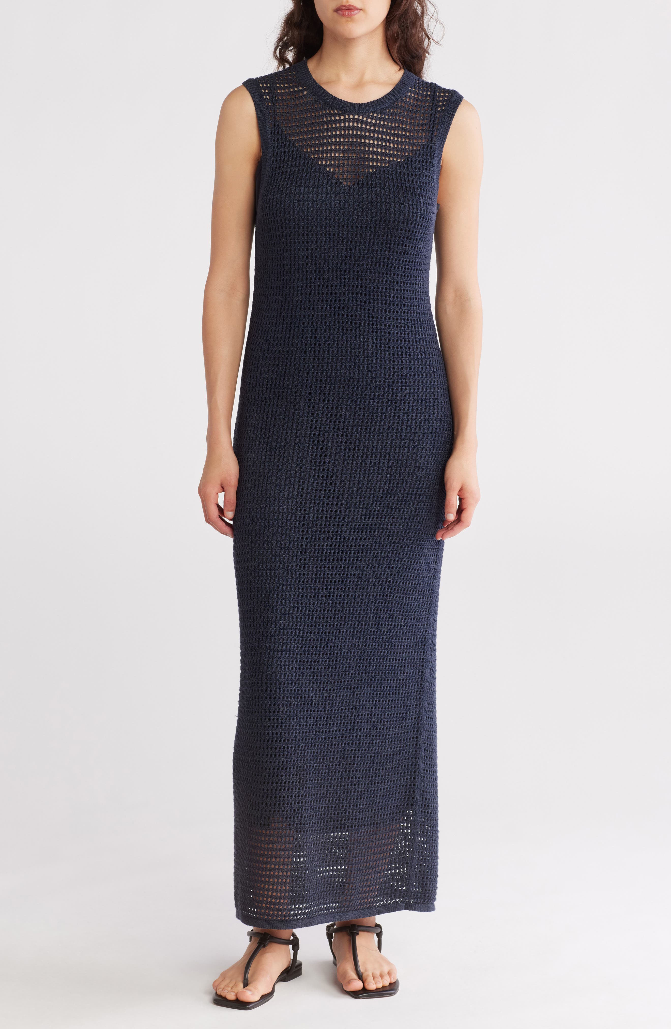 Open Stitch Linen Blend Tank Sweater Dress