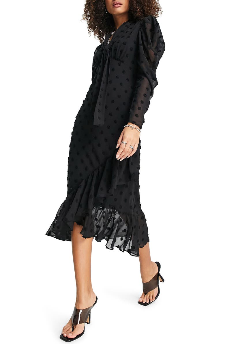 Topshop Premium Dobby Spot Long Sleeve Midi Dress, Main, color, 