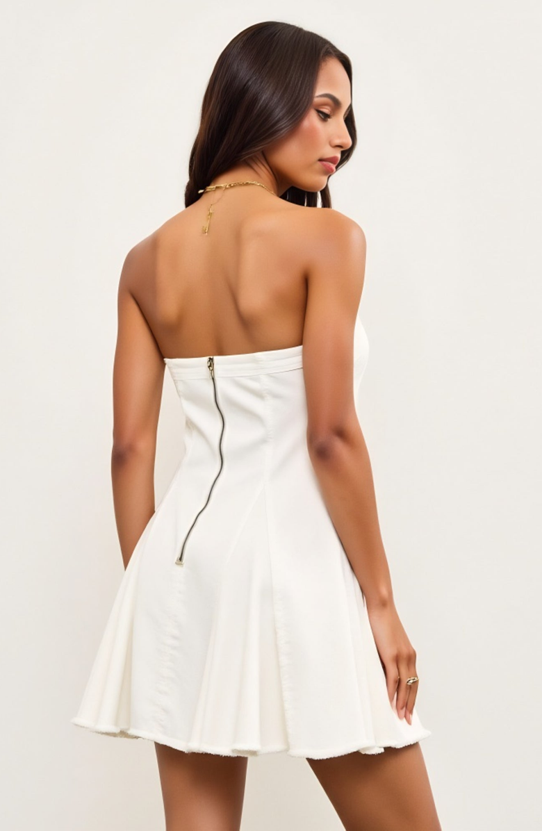 Modenaire Strapless Fit-and-Flare Mini Denim Dress with Raw Edge Hem Detail, Alternate, color, White