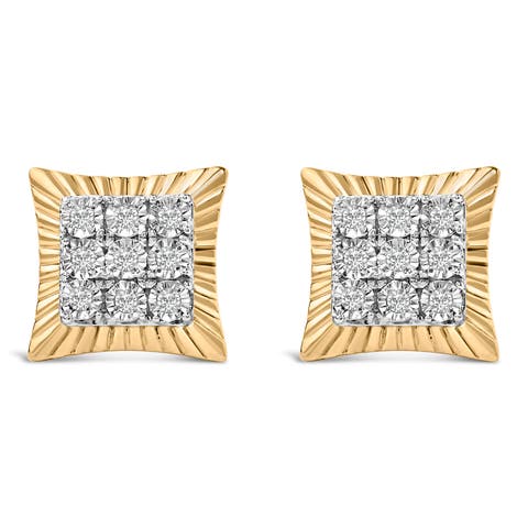 10K Yellow Gold Plated Silver 1/4 Cttw Diamond Textured Halo Stud Earrings
