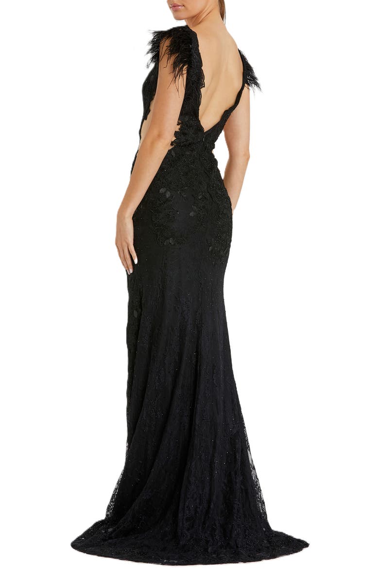 Mac Duggal Feather Cap Sleeve Lace Gown, Alternate, color, Black