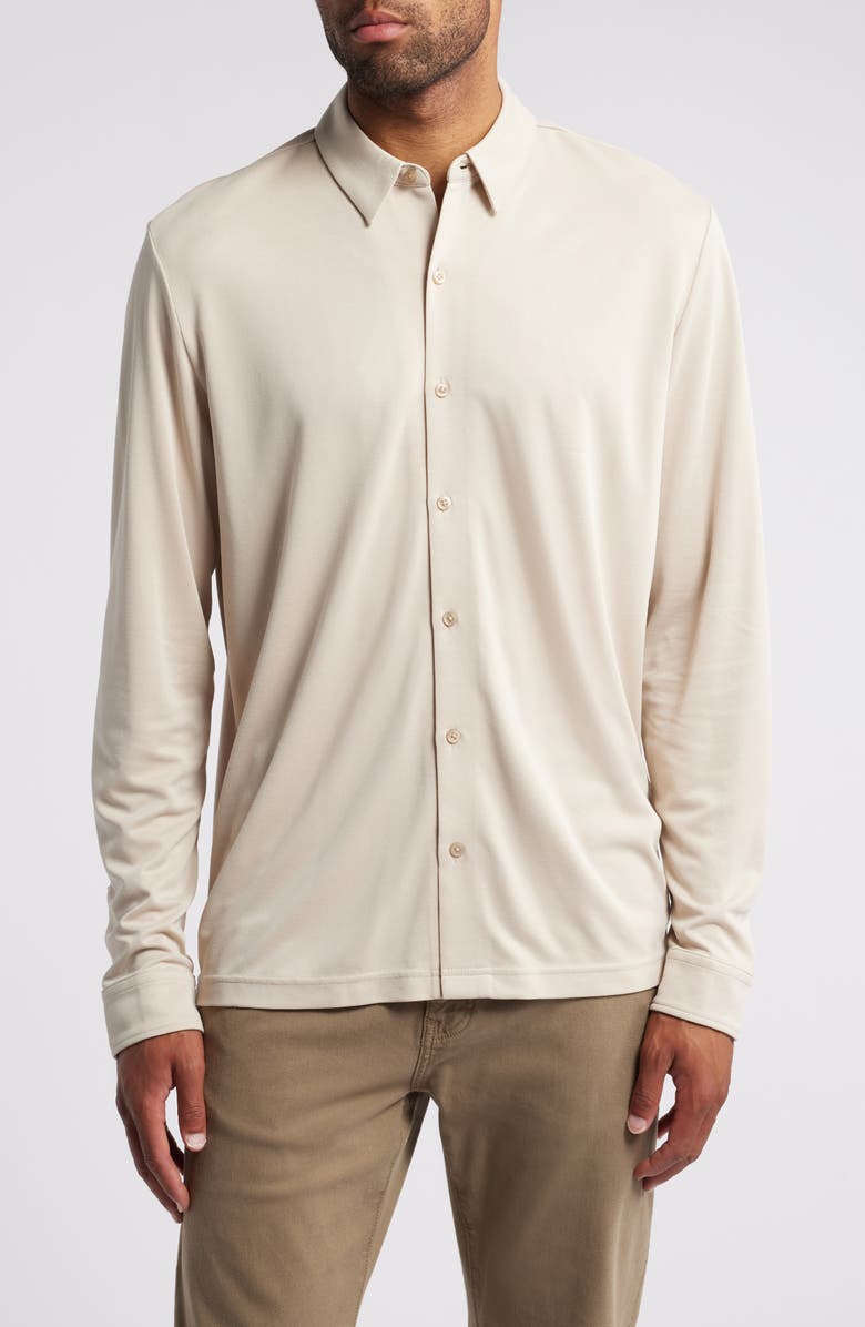 Johnston & Murphy Vintage Wash Knit Button-Up Shirt, Main, color, Tan