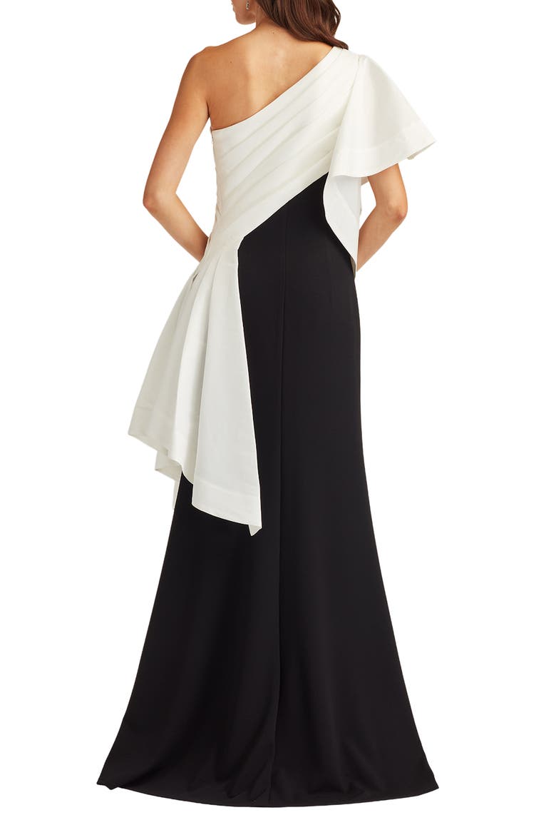 Draped One-Shoulder Mixed Media Gown, Alternate, color, WHITE/ BLACK
