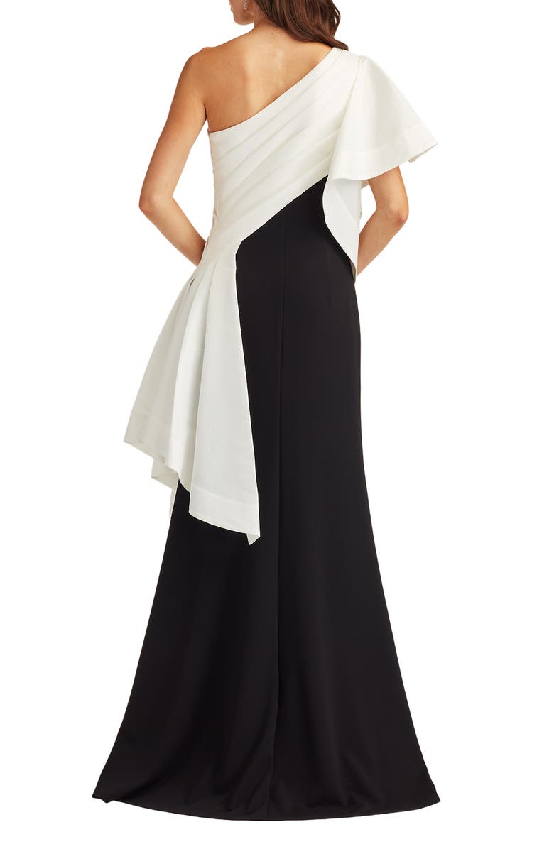 Tadashi Shoji Draped One-Shoulder Mixed Media Gown, Alternate, color, White/ Black