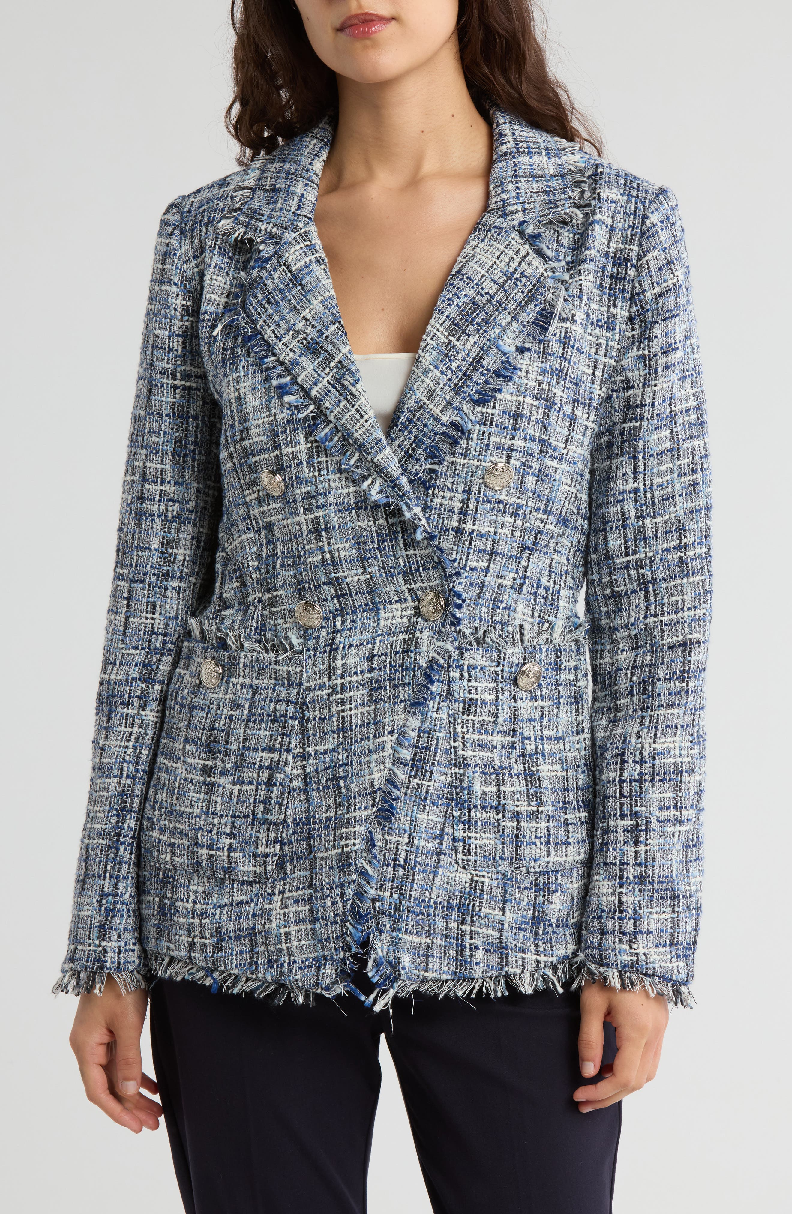 Ellen Tracy Houndstooth Double Breasted Tweed Blazer