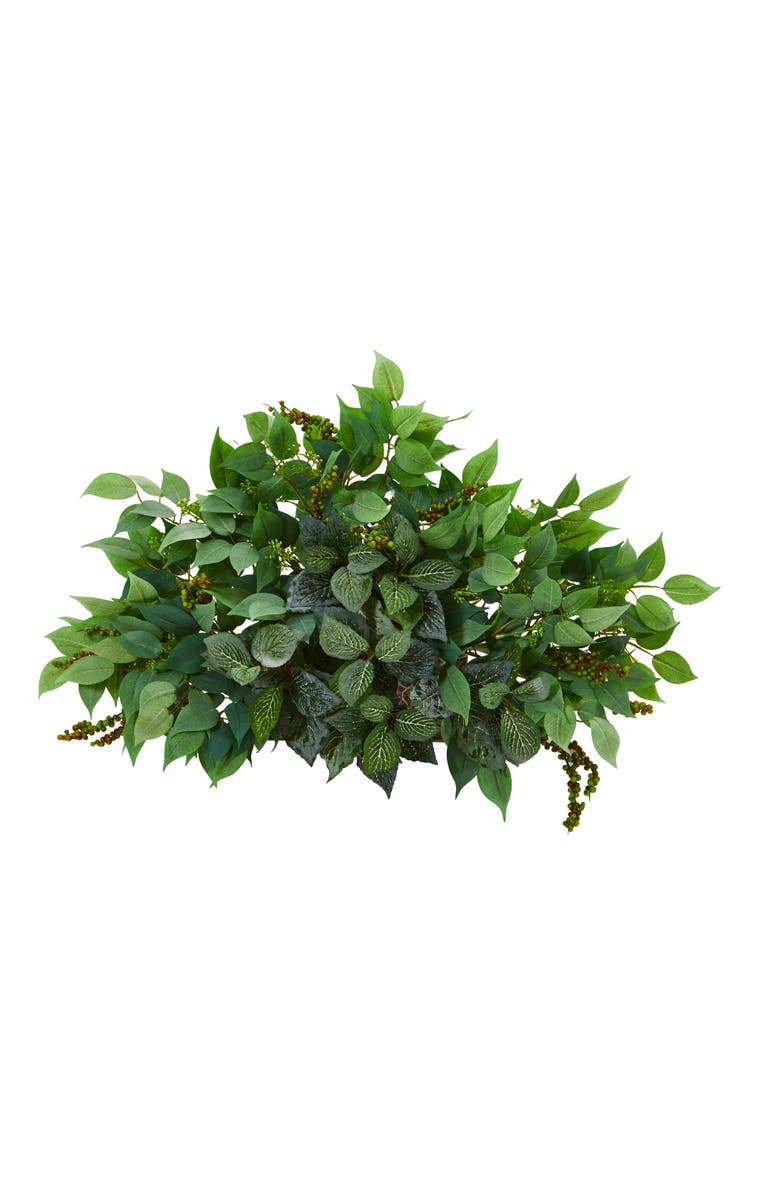 NEARLY NATURAL 20-in Mixed Ficus and Fittonia Artificial Ledge Plant, Main, color, Green