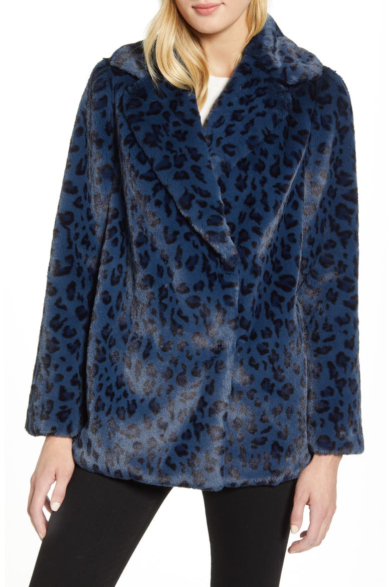 Faux Leopard Fur Jacket, Main, color, DK-BLUE