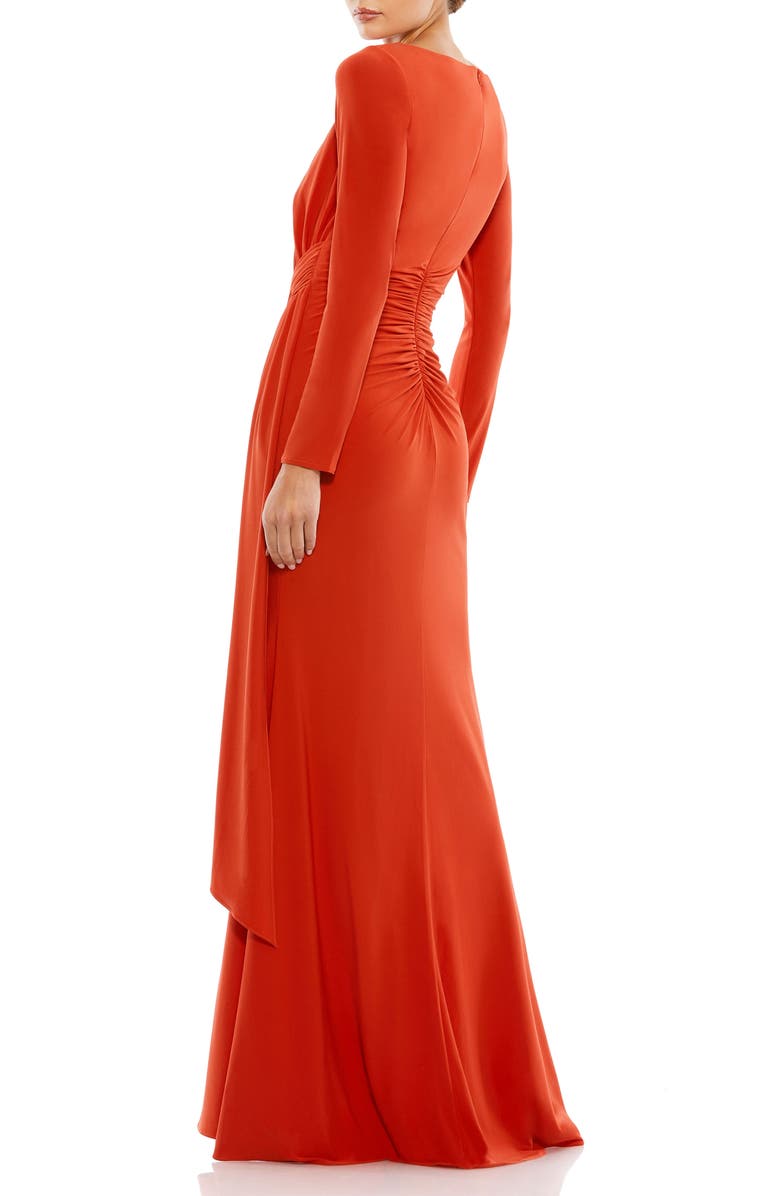 Mac Duggal Ruched Long Sleeve Boat Neck Jersey Gown, Alternate, color, Brick