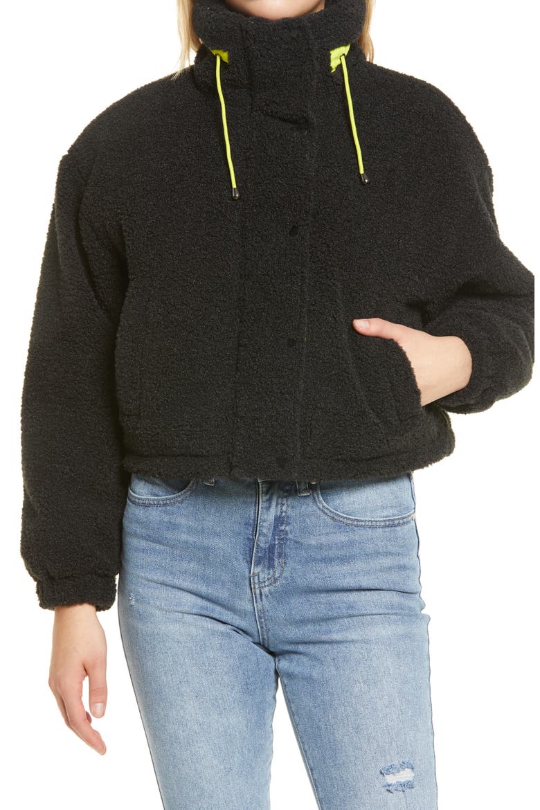 Neon Faux Shearling Bomber Jacket, Alternate, color, BLACK